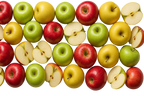 Assorted red, green, and yellow apples on a white background